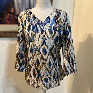 Chico’s Blue/Brown Patterned Tunic w/ Sequin Embellishments Size Large-2